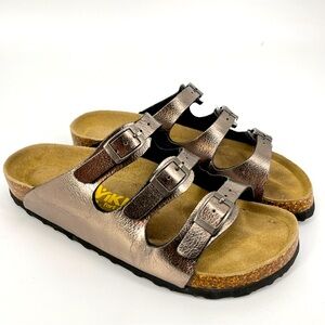 Viking Banff Three Buckle Sandals Cork Size 37 6-6.5 Metallic Pewter Silver